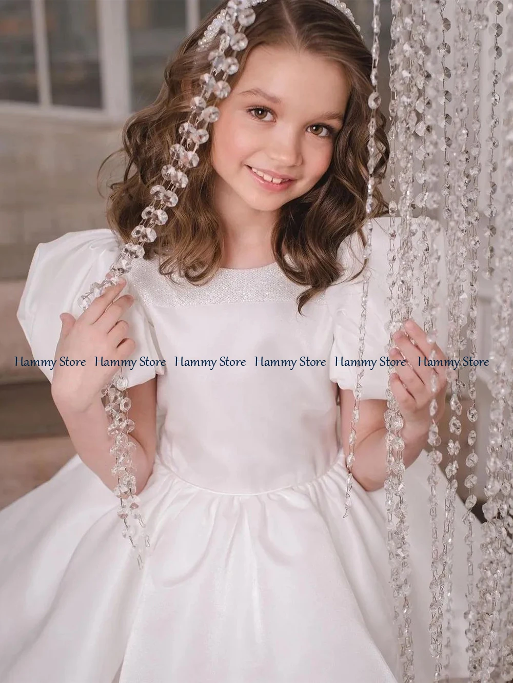 Vestido de flores de manga corta con cuello redondo para niña, vestido de fiesta de desfile con lazo grande, Puff para niños, primera comunión