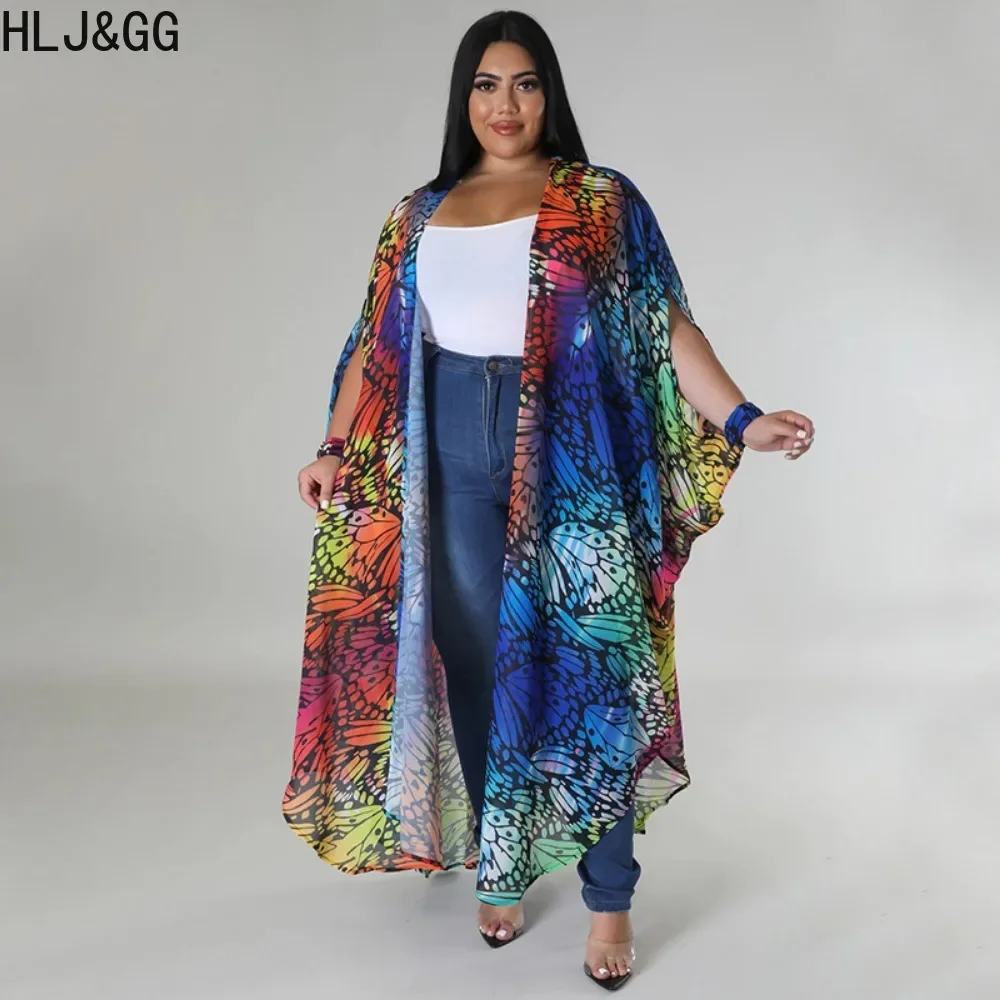 HLJ&GG Fashion Vintage Pattern Printing Cardigan Women Loose Long Shirt Cloak Spring Female Half Sleeve Holidays Streetwear Tops