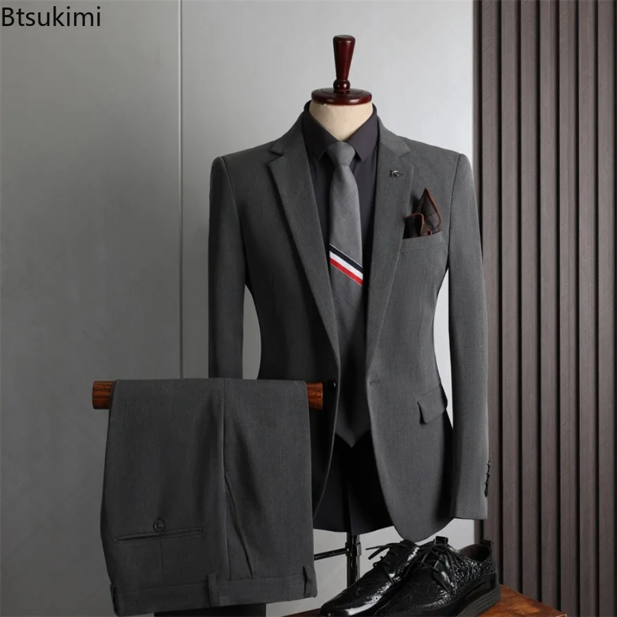 Korean Version Slim Fit Men's Suit 2-piece Set Casual Lightweight Fashion Suit Jacket Classic Men Wedding Banquet Party Clothing