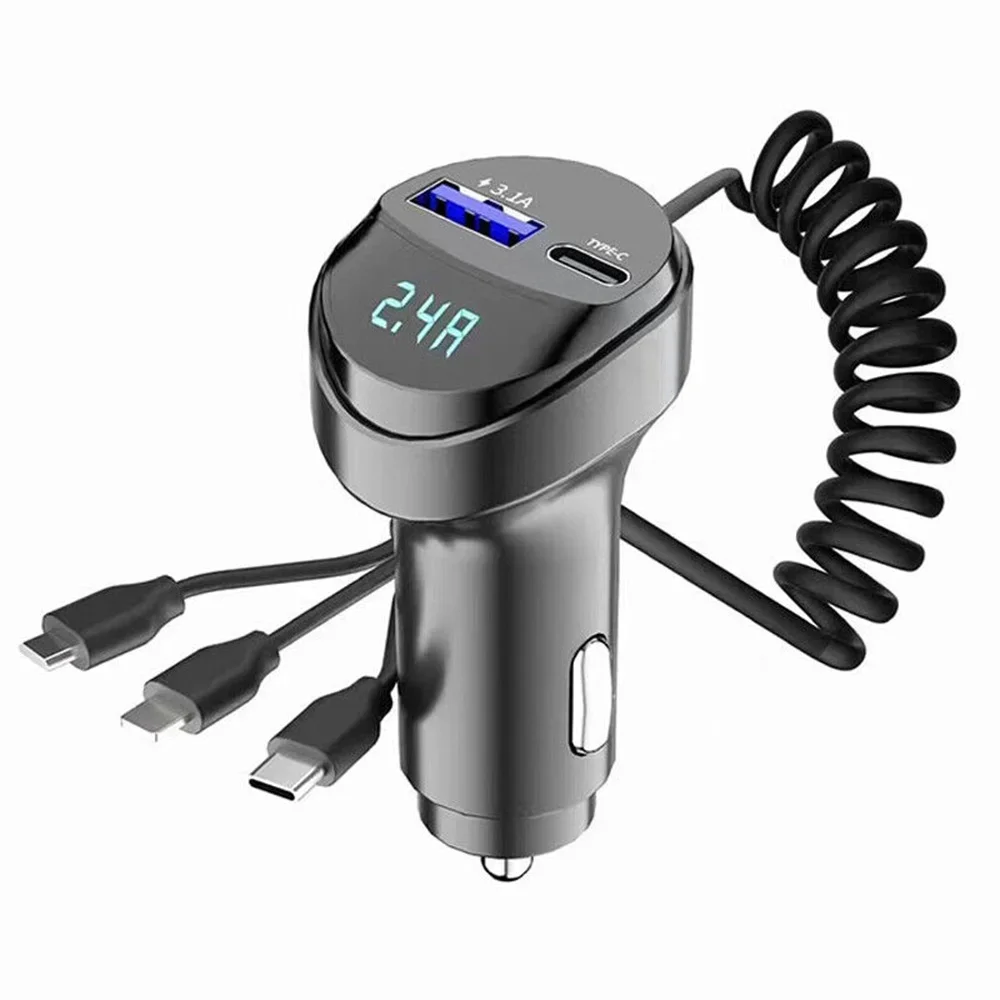 Car Charger QC 3.0/3.1A Fast Charging USB Charger Dual Ports With 3 In 1 Charging Cable Car Phone Charger For Smartphones