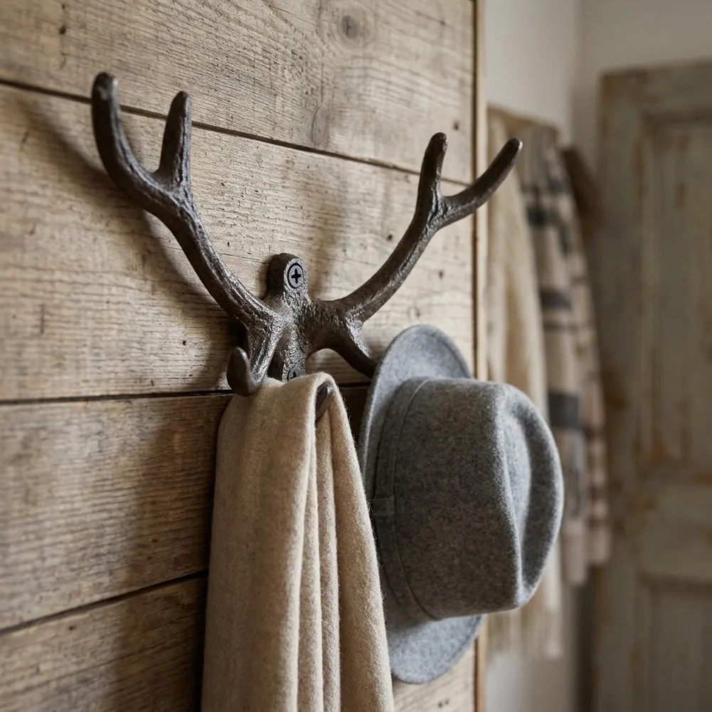 Decorative and functional cast iron antler wall hook with rustic style suitable for hanging hats cloth scarves and keys
