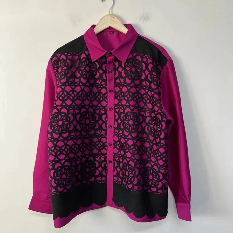 Autumn New Men's Shirts Personalized Hollowed-out Totem Patchwork Decoration Turn-down Collar Long Sleeve Men Shirt CVD5