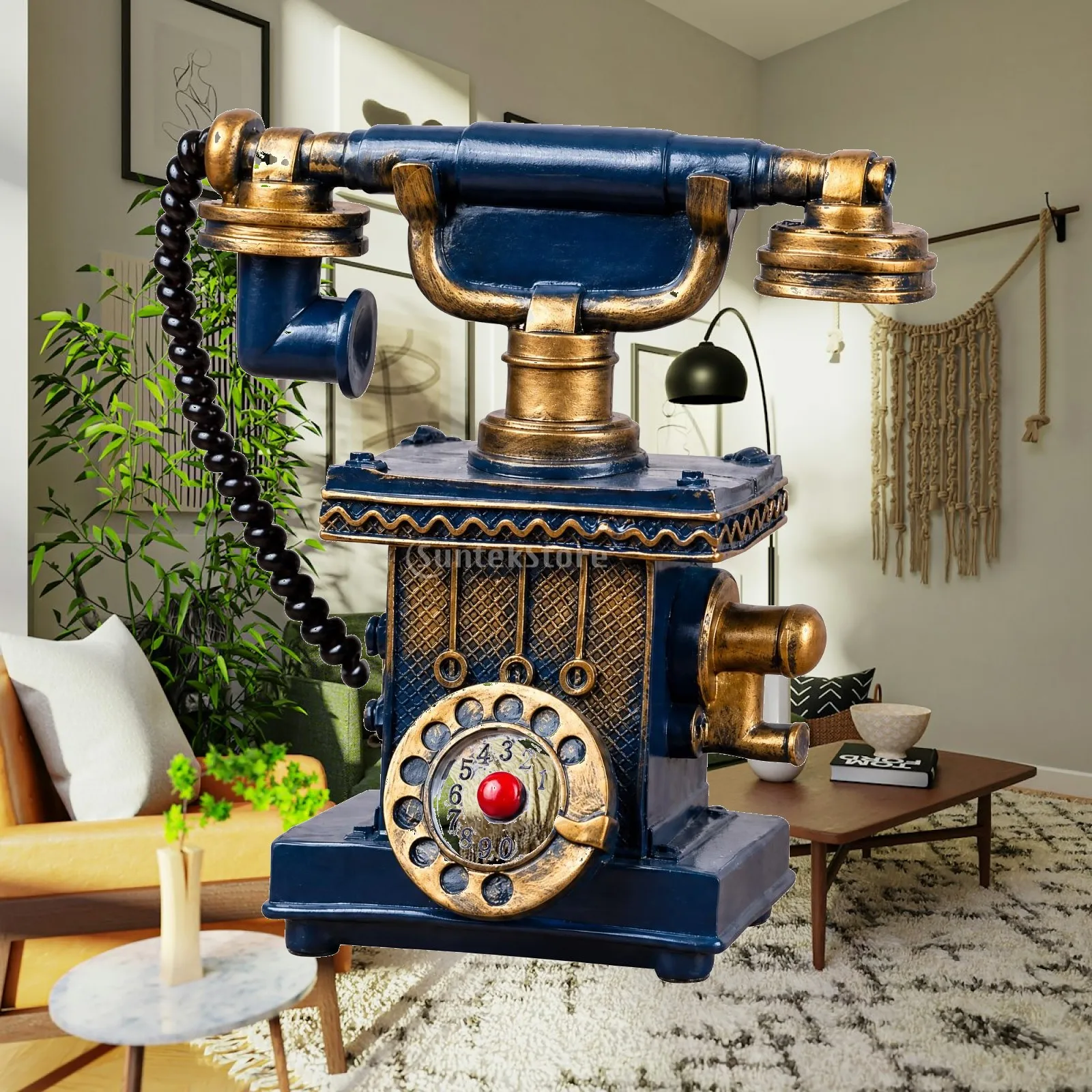 Vintage-Style Rotary Telephone Figurine Distressed Finish Resin Telephone Decor with Rotary Rotary Face Old Fashioned Nostalgic