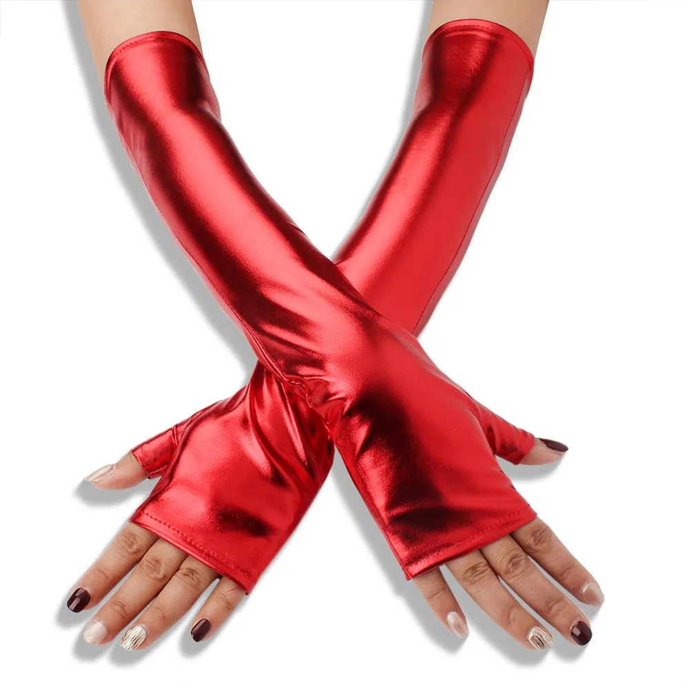 1 Pair Glossy Finish Fingerless Gloves Thin Punk Style Performance Gloves Girl's Sleeve Set Imitation Leather