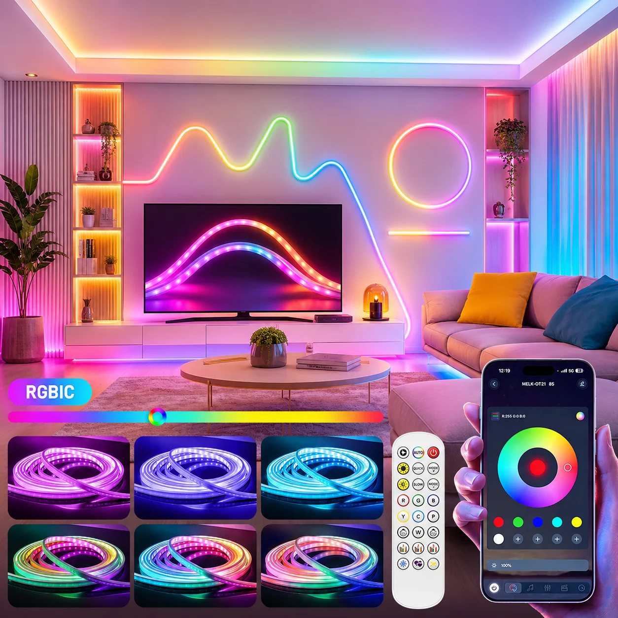 Aiopp Smart RGBIC LED Neon-Streifenlicht, flimmerfrei, gleichmäßiger Glanz, Silikon-DIY-Beleuchtung mit Timer, Musik-Rhythmus-Modus, Innenraum-Dekorationslampe für festliche Atmosphäre.