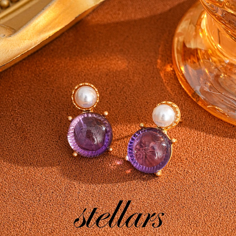 

Round Purple Resin Imitation Pearl Gemstone Earrings Vintage Court-Style Elegant and Luxurious Women's Jewelry