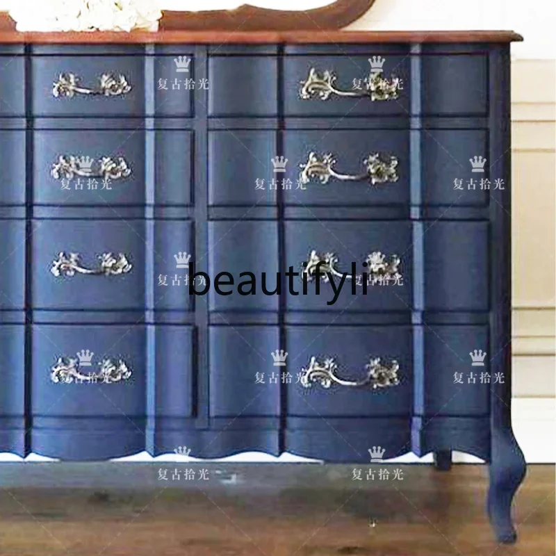 French retro solid wood chest decorative cabinet living room wall storage cabinet
