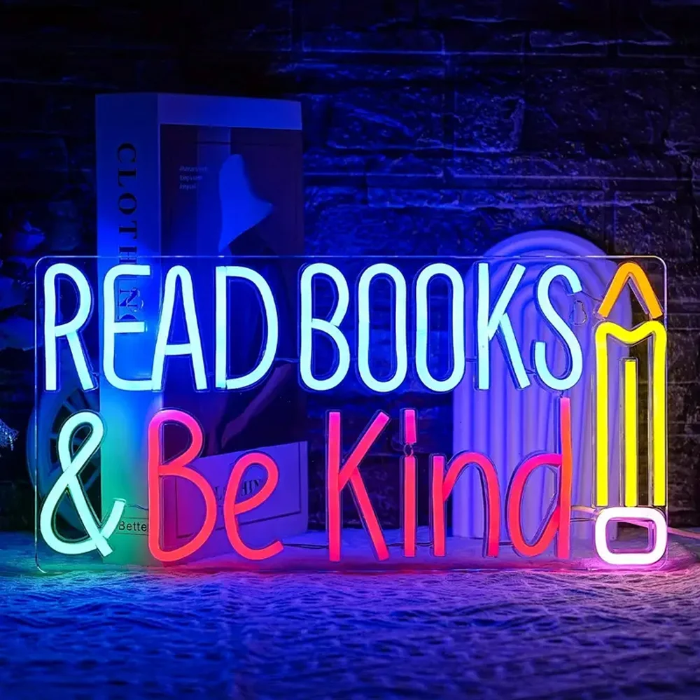 Read Books And Be Kind Neon Sign Pencil Neon Light Student LED Neon Light Colorful Neon Light Up Sign Suitable for Bookstore