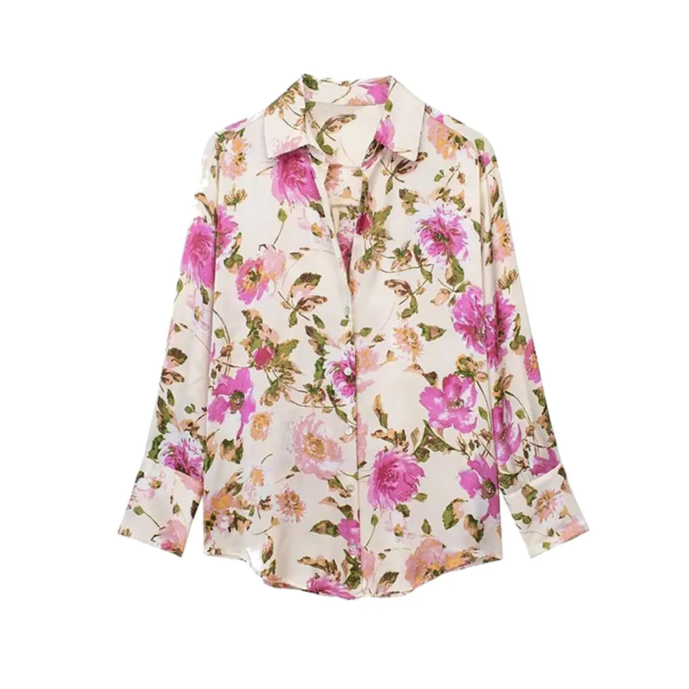 DUOPERI Women Fashion Floral Printed Loose Shirt Lapel Collar Long Sleeves Female Chic Lady Casual Blouse Tops