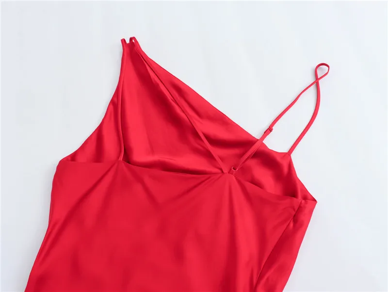 Verão feminino novo sexy ombro inclinado vermelho cetim textura suspender sem mangas streetwear vestido vestidos de noite