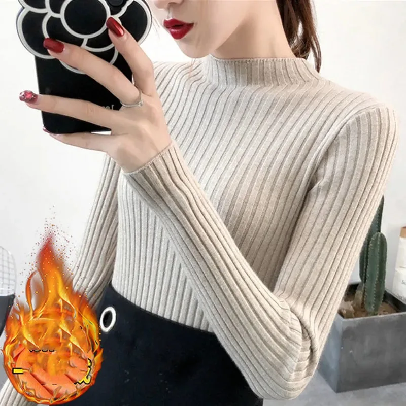 

Women's Autumn Winter Screw Thread Pullover Solid Turtleneck Long Sleeve Undershirt Sweater Knitted Fashion Casual Elegant Tops