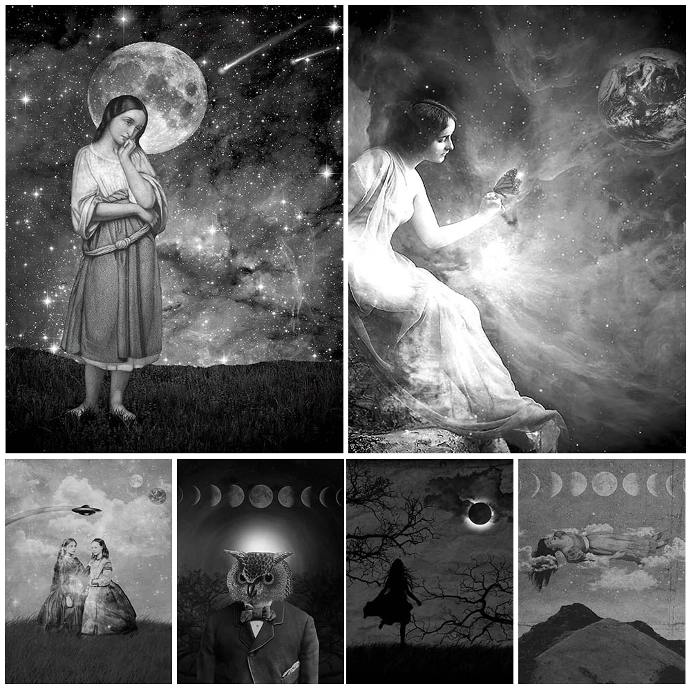 

Surreal Moon Witch Wall Art Canvas Painting Mysterious Conjuring Light Vintage Poster And Print For Living Room Decor Unframed