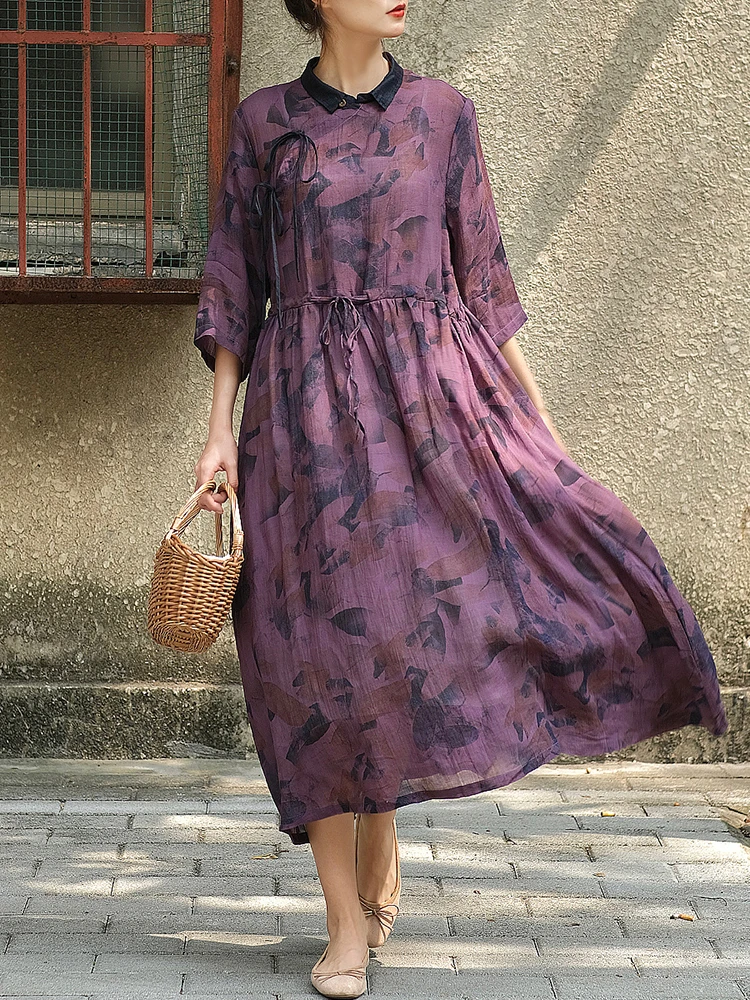 

Chinese Style Women Casual Ramie Dress New Arrival 2025 Summer Vintage Print Loose Ladies Elegant A-line Long Dresses M948