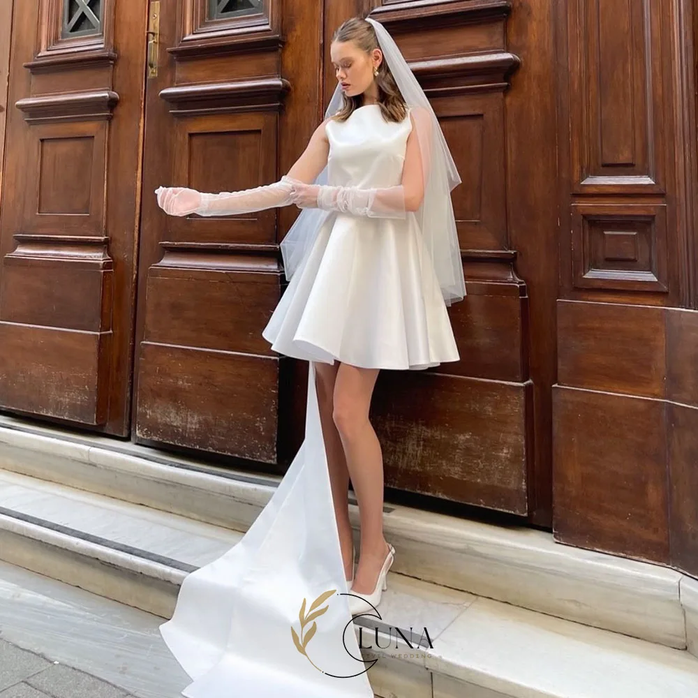 Luna Customized Silk Satin Mini Wedding Dresses Sleeveless A Line Bridal Party Gown with Train A Line Short Prom Dress for Bride