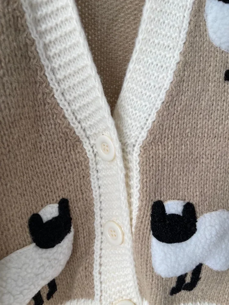 Sheep Pattern Chunky Cardigan Button Front Cute Cartoon Sweater Long Sleeve V Neck Autumn Women Jumper Knitwear