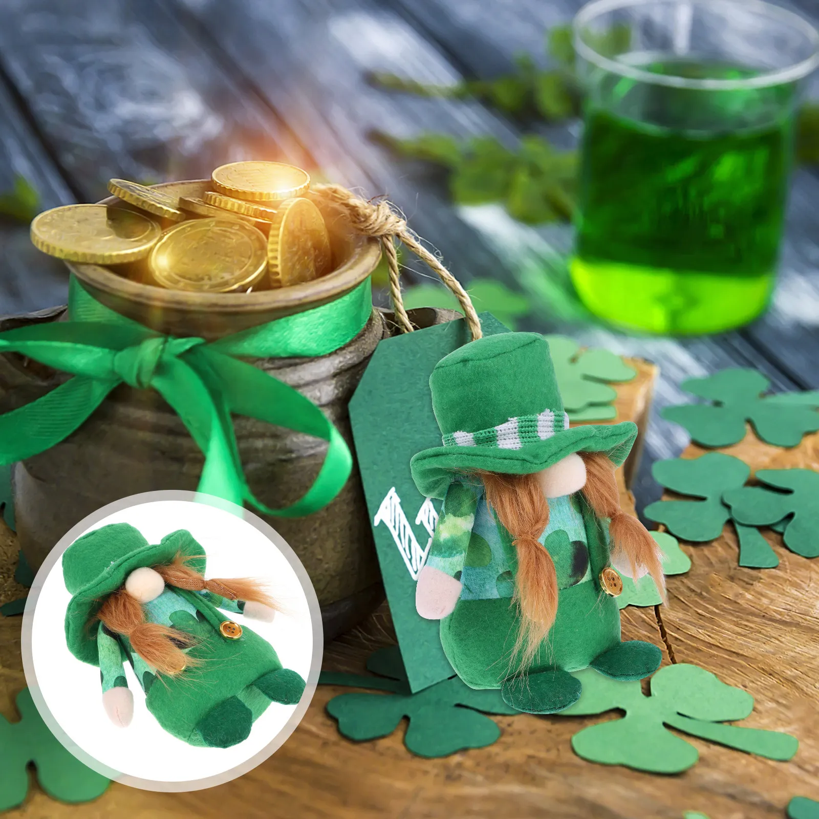 

1Pcs Green Hat Clover Gnome St Patricks Day Decoration Soft Handmade 3D Ornament Home Office Party Supplies Photo Prop