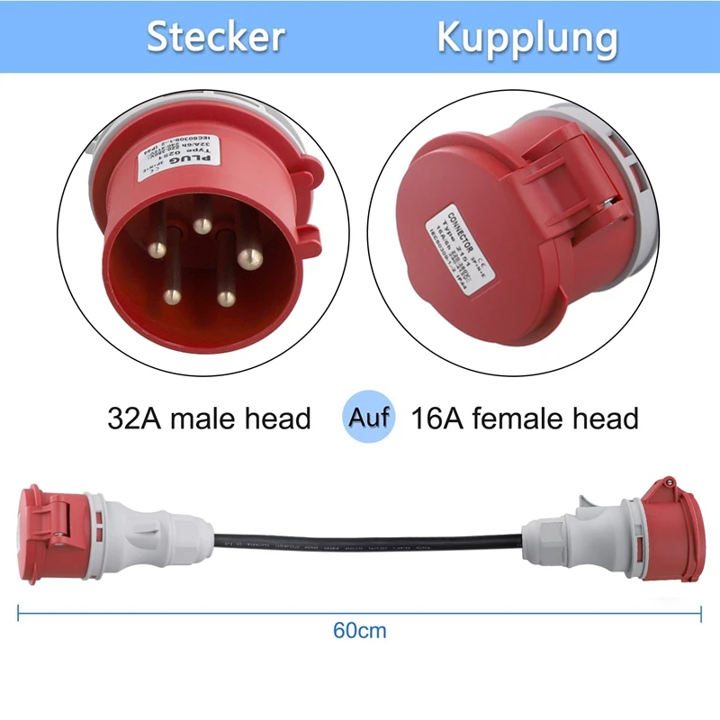 5Pin Adapter Plug 32A To 16A Coupling Socket [3-Phase,400V] Hose Cable High Current Adapter ,Protection Class IP44