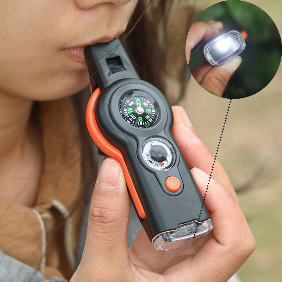 7in1 Emergency Safety Whistle with Lanyard Multifunctional Tool Compass, Thermometer, Magnifier, LED Flashlight, Reflector