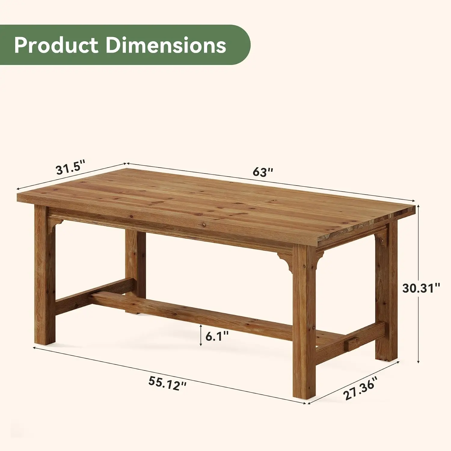 Solid Wood Executive Desk 63-Inch Farmhouse Office Desk Thick Legs Large Writing Table Foot Bar Home Office, Customized