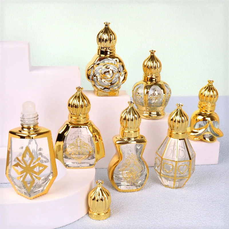 Mini Essential Oil Roller Bottle 10ml Gold Crown Shape Perfume Bottling Portable Travel Electroplated Carve Glass Empty Bottles