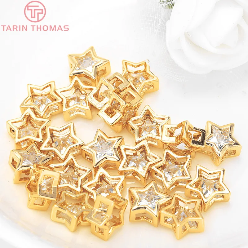 (2888)4PCS 9x4.5MM 24K Gold Color Plated Brass with Zircon Star Spacer Beads Bracelet Beads High Quality Jewelry Accessories