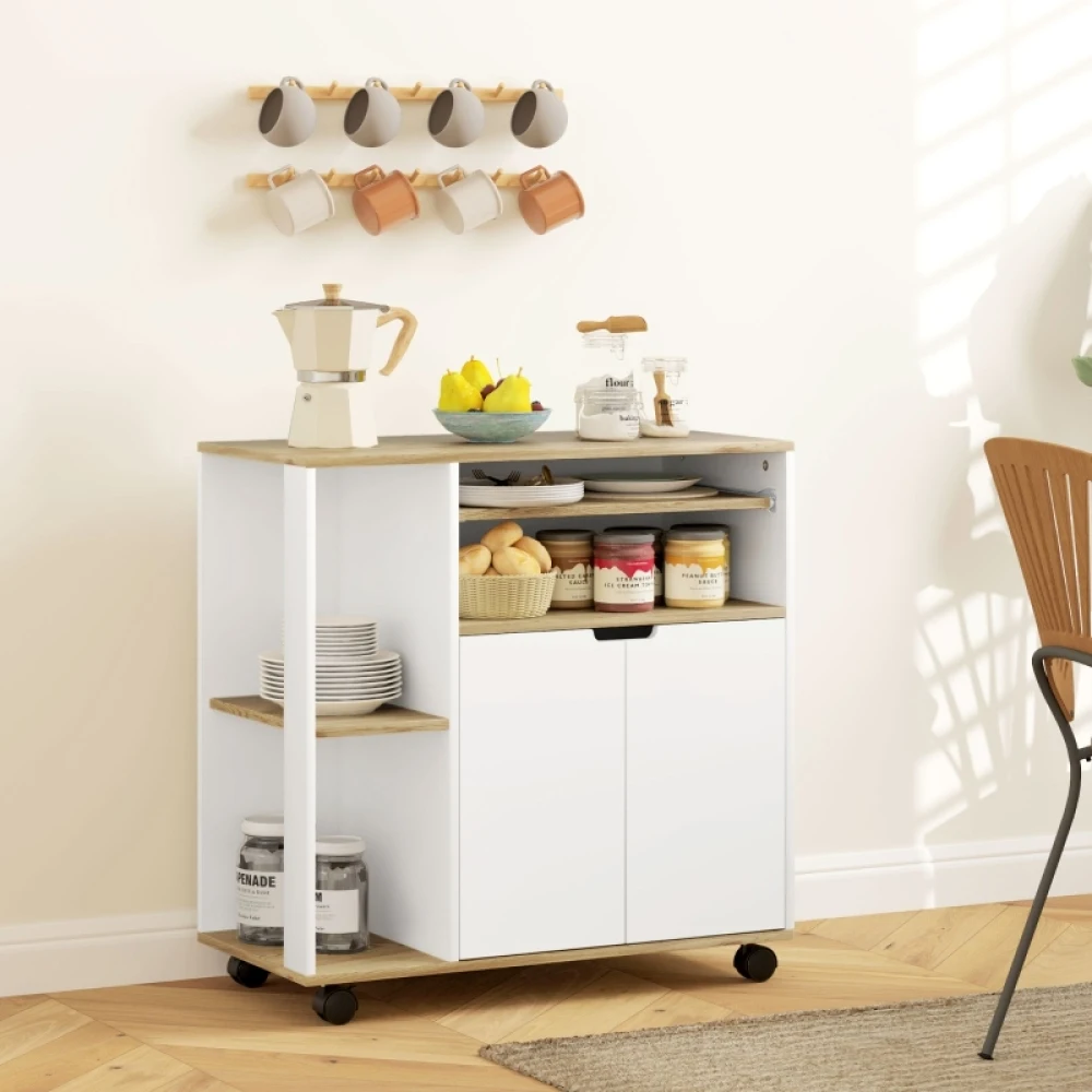 Carrito de cocina con ruedas y almacenamiento, gabinete, estantes ajustables, para cocina, sala de estar, comedor, blanco