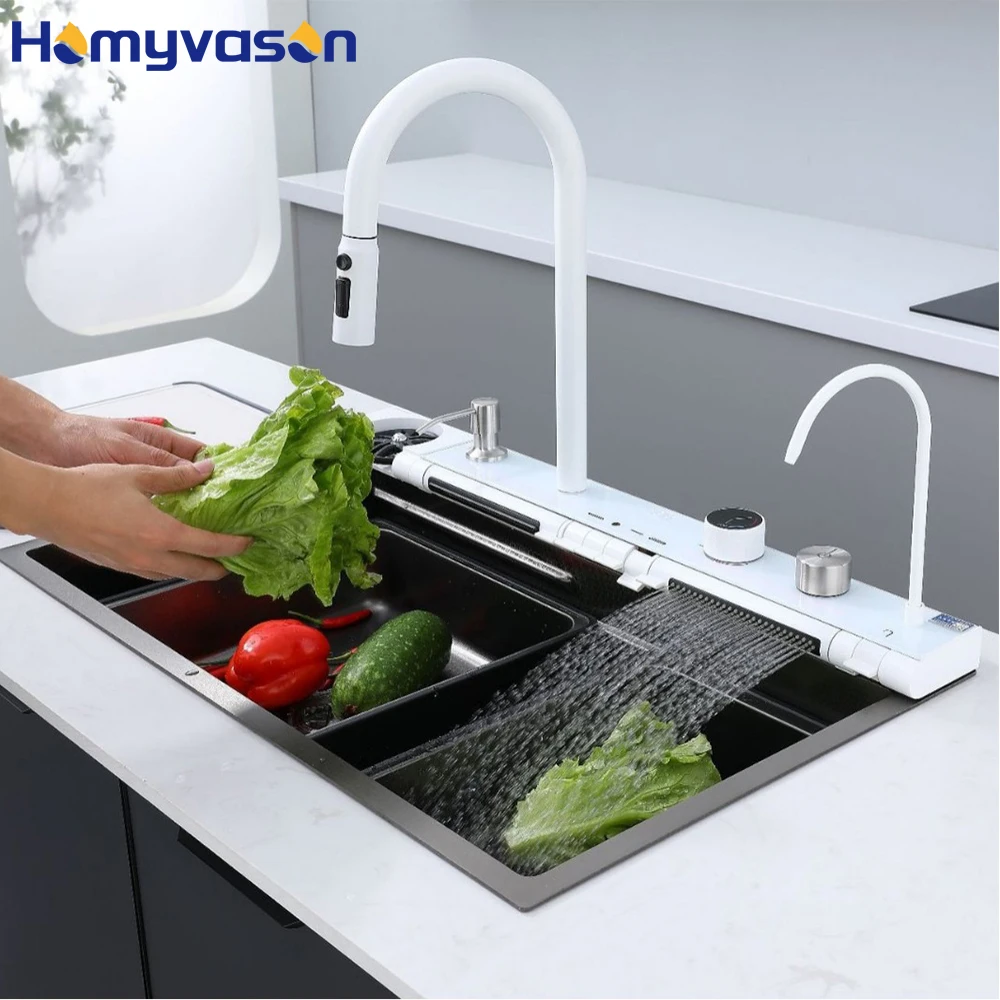 

68/75/80cm White Smart Waterfall Piano Key Led Digital Display Waterfall Anti-scratch Kitchen Sink with Cup Washer