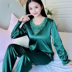 Women's Pajamas Set Summer Long Sleeve And Pants Pyjamas Two-piece Set Pajama Ice Silk Satin Sexy Sleepwear Home Suit Loungewear