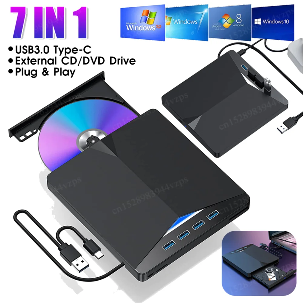 7 in 1 USB 3.0 Type C External CD DVD Drive Portable RW CD DVD Player Optical Drive Plug & Play for Windows 11/10/8/7/Linux