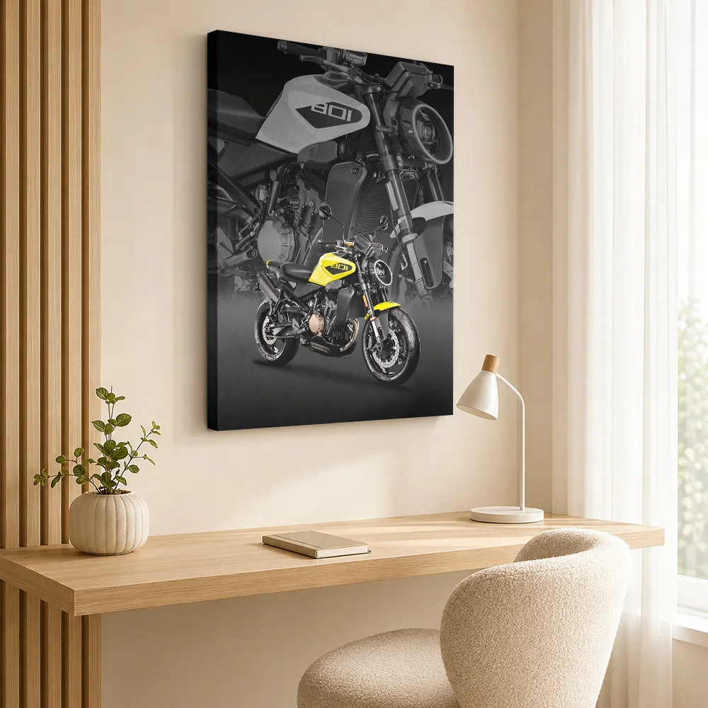 Yellow Swedish Vitpilen Motorcycle Framed Canvas Print Personalized Photo Layered Panels With Enlarged Details Wall Art For Den