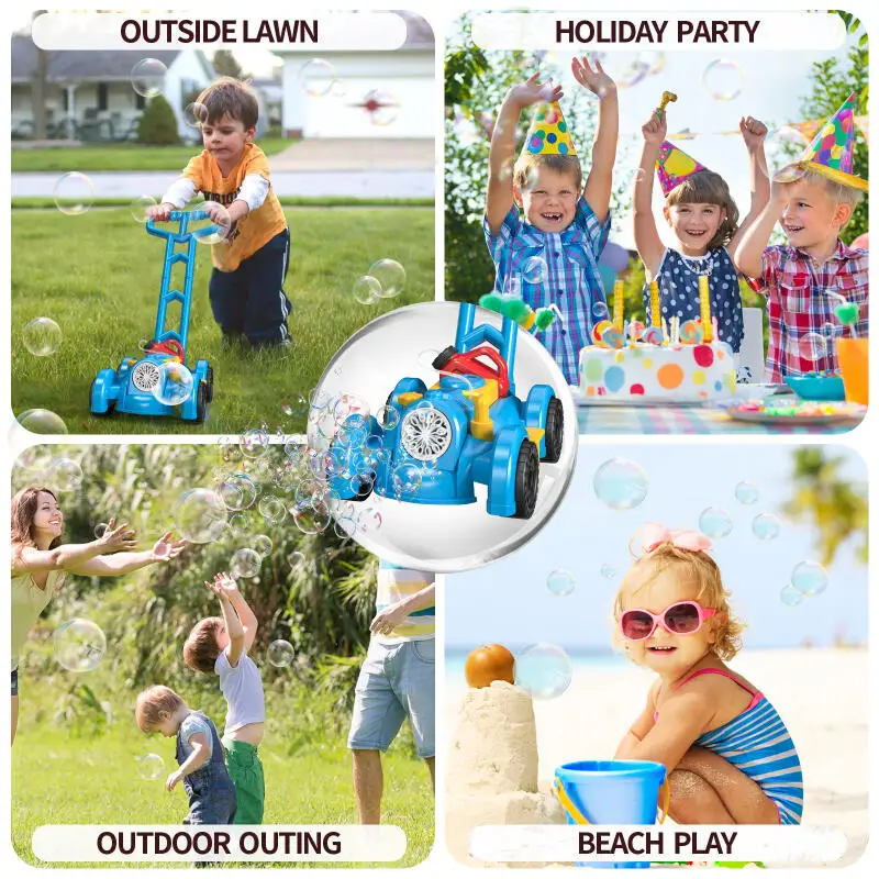 Carrinho automático de bolhas com luzes para crianças Carrinho de mão Soap Bubble Blowing Brinquedos ao ar livre Presentes de jogo Walker Cortador de grama de 12 furos