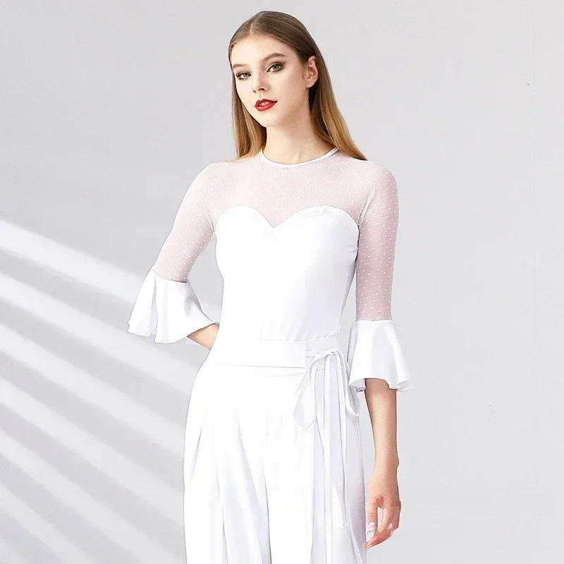 Rüschenärmel, modernes Ballsaal-Top für lateinamerikanischen Tanz, Walzer-Übungsanzug, Trikot, Ballett-Outfit für Mädchen