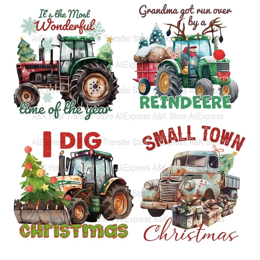 Christmas Truck Dig Winter DTF Transfer Sticker Ready To Press For Sweatshirt Iron On Patches For Kids Clothes Bag Stickers