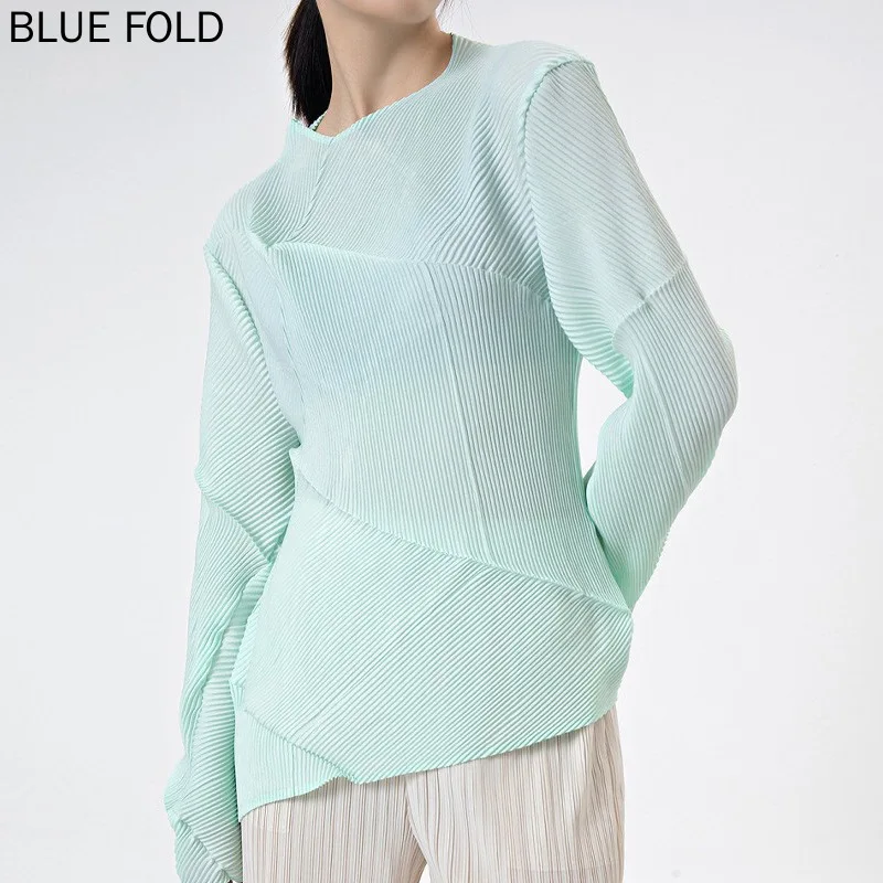 

Spring Miyake Long-sleeved T-shirt for Women to Wear High-end Design Irregular Solid Color Pleated Top PLEATS Blusas Tops Ropa