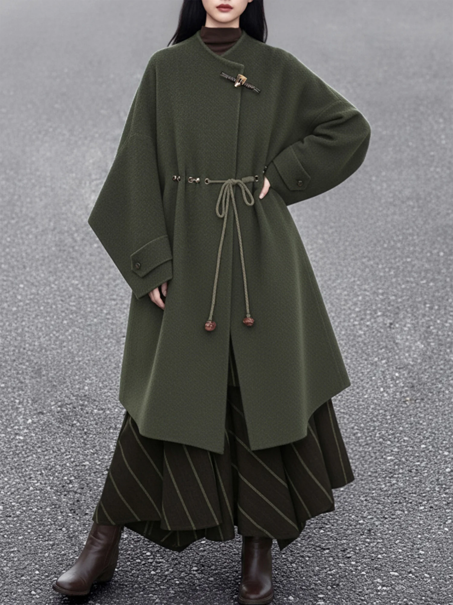 

Ele Long Olive een Waist-Cinching Coat with Asymmetrical Stripes for Women by Yb25425 Commute Sle Loose Fit Thi Win...