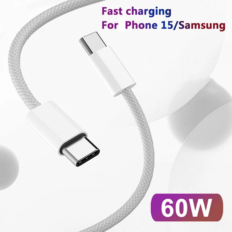 Usb C to Type C Mobile Phone Data Cable Fast Charging PD 60W Braided Charger Cable For Phone 15 Android Samsung 1Pcs 2Pcs 3Pcs