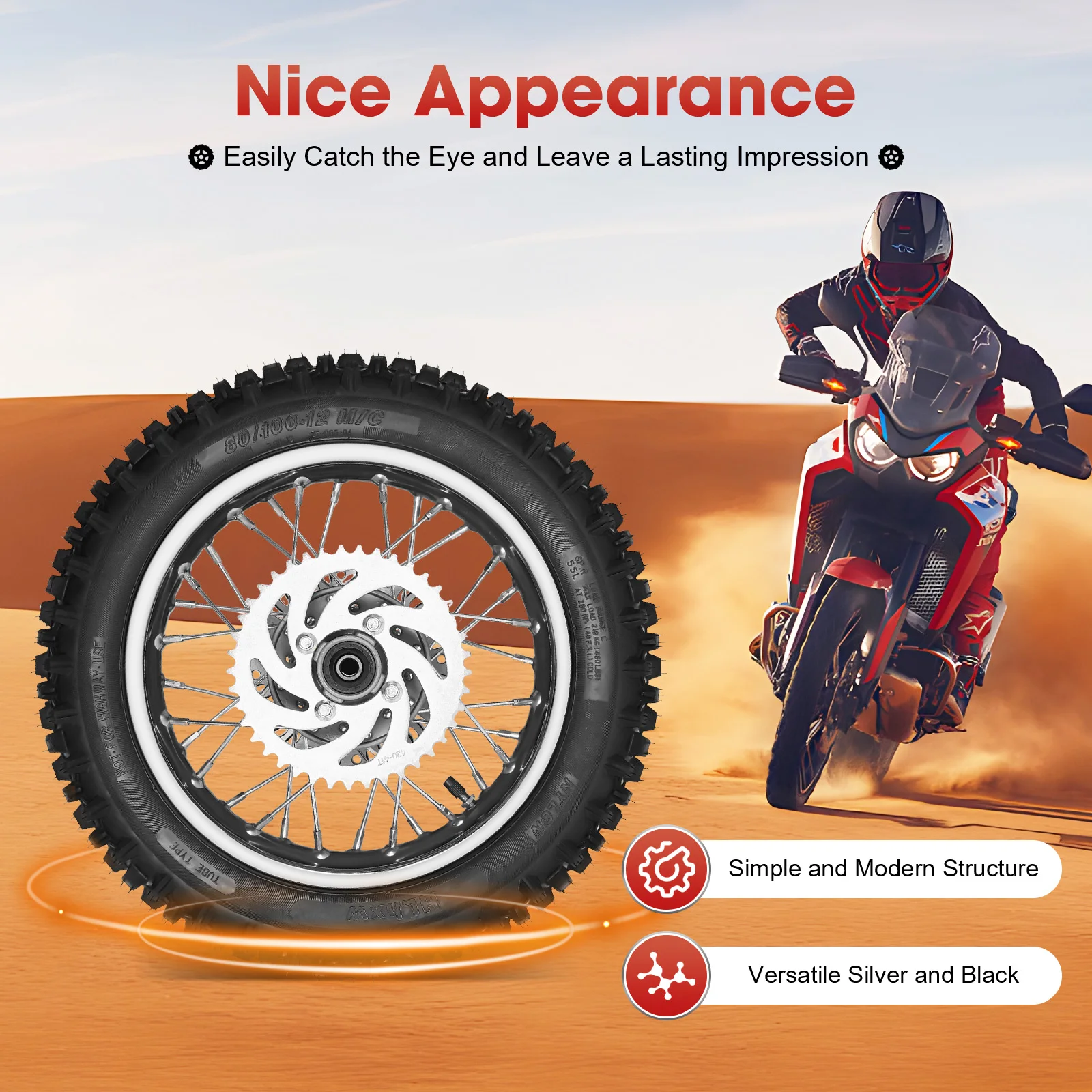 

12"Rear Tire Wheel 80/100-12 Tire Rim W/Brake Disc&Gear Disc For Dirt Bike/Pit Bike/Monkey Bike/50/70/90/110/125/140cc Apollo