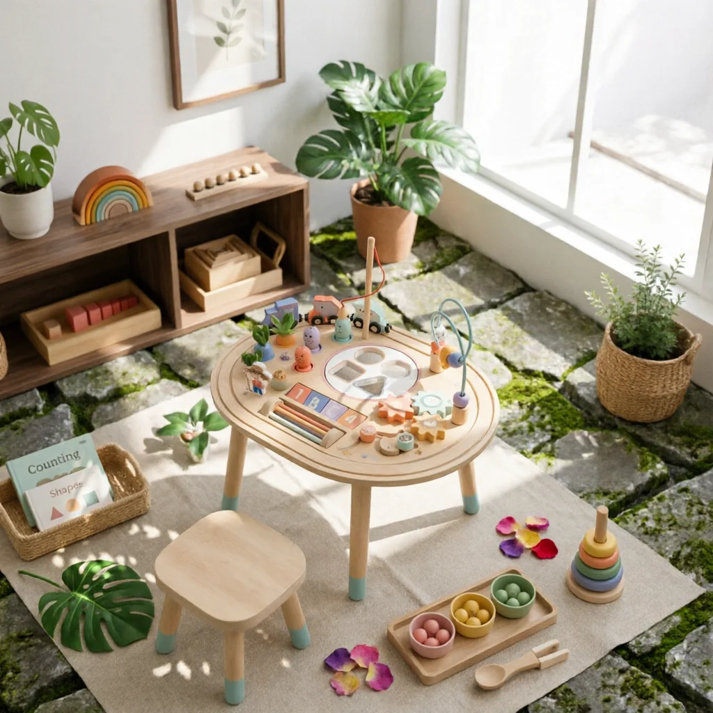 発達活動テーブル-手と目の協調木製アクティビティテーブル-子供用学習玩具-角が丸い子供用家具