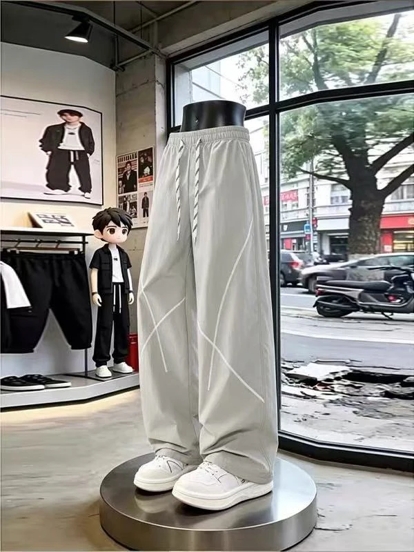 American Color Block Quick Dry Sword Sports Pants Men Summer Thin Loose Wide Leg Pants Outdoor Ice Silk Straight Casual Pants