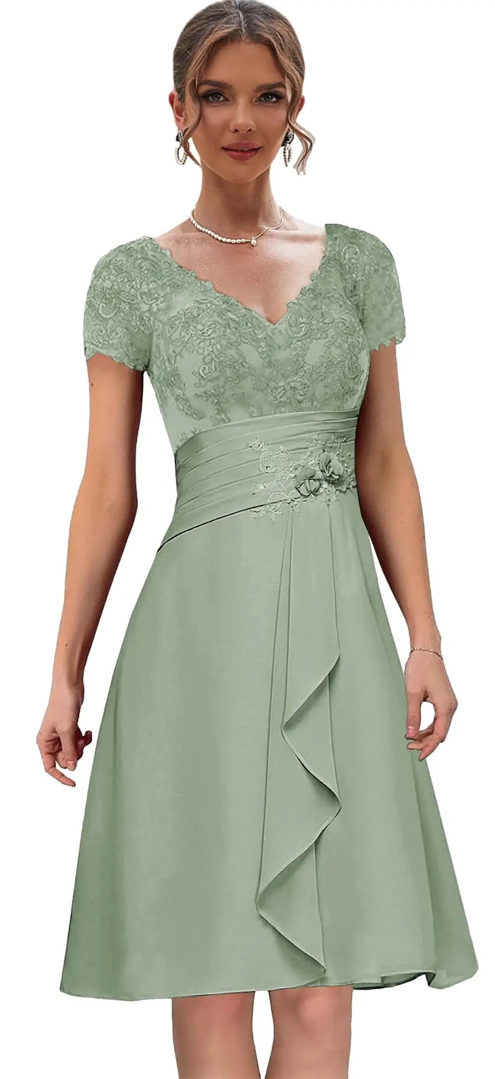 

Customized Chiffon Lace Applique Mother Of The Bride Dress With Sleeve Ruffle Short Evening Gown V Neck Formal Dress For Wedding