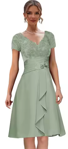 Chiffon Lace Applique Mother Of The Bride Dress with Sleeve Ruffle Short Evening Gown V Neck Formal Dress For Wedding