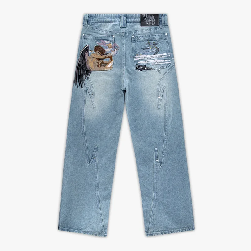 

Harajuku Vintage Fallen Angel Pattern Pocket Embroidery Jeans Y2K Fashion Men Women Hip Hop Streetwear Loose Wide Leg Pants New