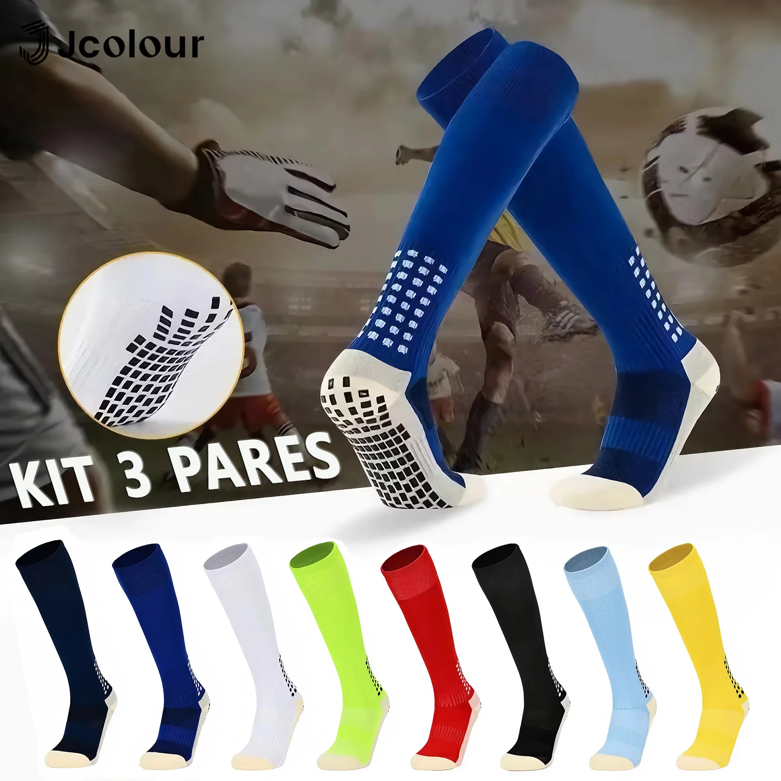 Set of 3 Pairs of Non-Slip Long Soccer Socks with Grip – Towel-Lined Reinforcement and Protection – For Training and Matches – Choose Your Colors