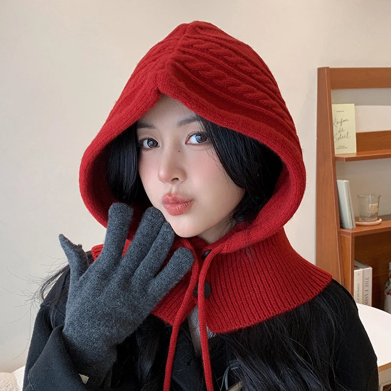 Korea Winter Scarf Hat Warm Set One Piece Botton Scarf Balaclava Hat Warm Neck Set Women Knitted Wool Pullover Hat Gothic Y2K