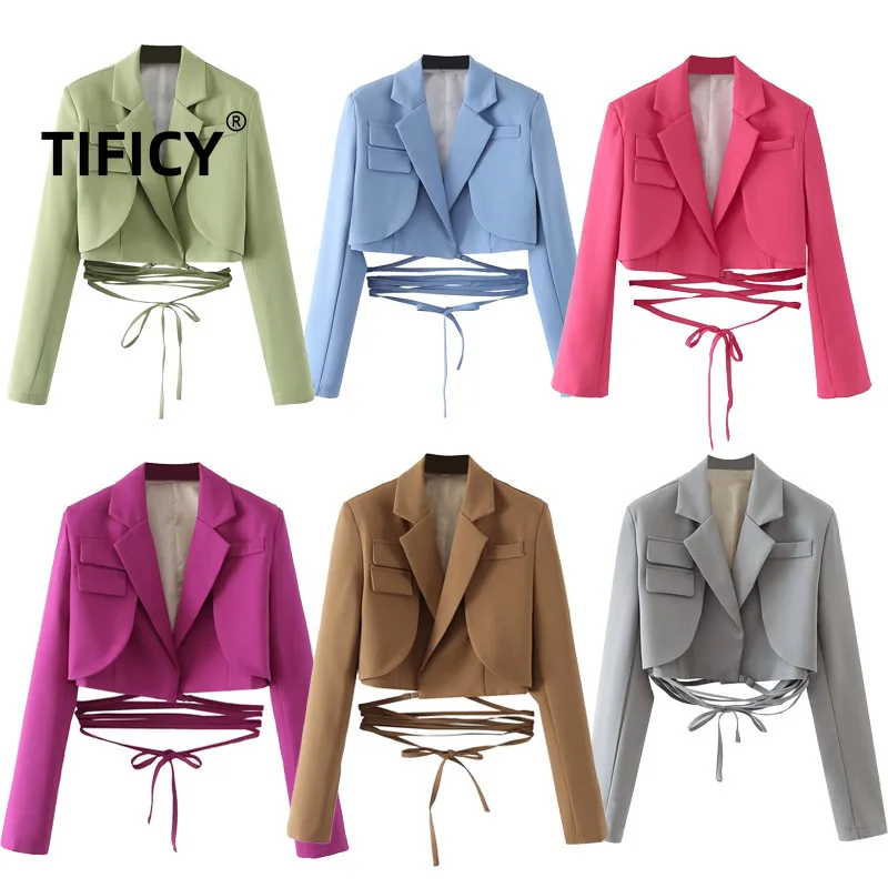 TIFICY Korean Edition Blazers Crop Tops Women\'s Fashion Solid Color Waist Tie Rope Short Suit Coat