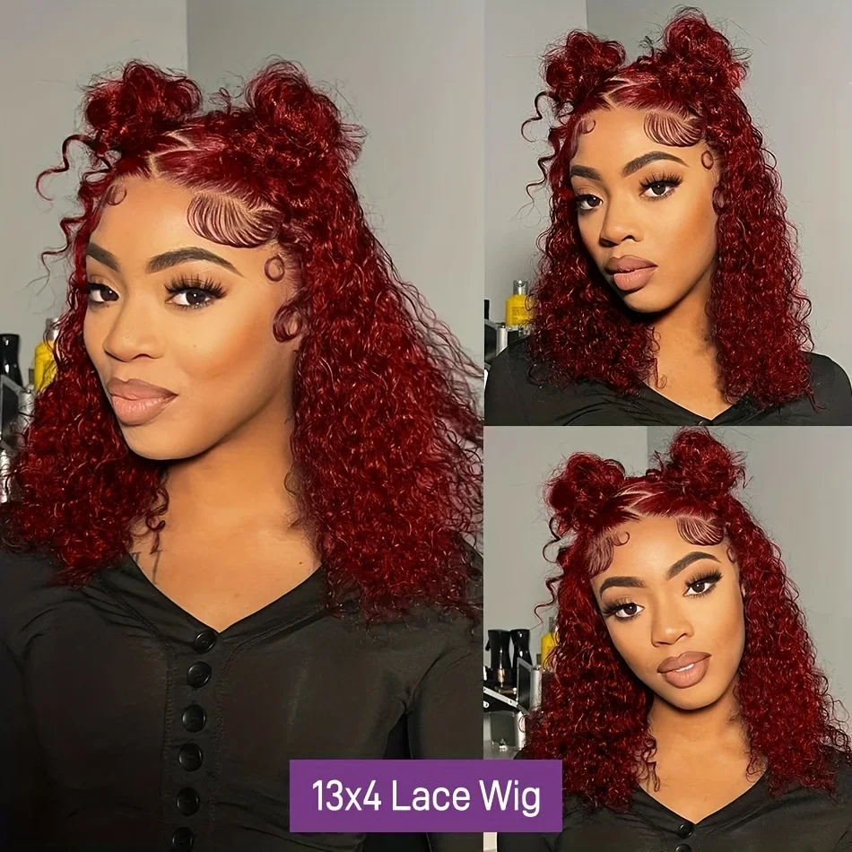 Perruque Bob Lace Front Wig naturelle bouclée, cheveux humains, 13x4, 99J, pre-plucked, avec baby hair, densité 180%