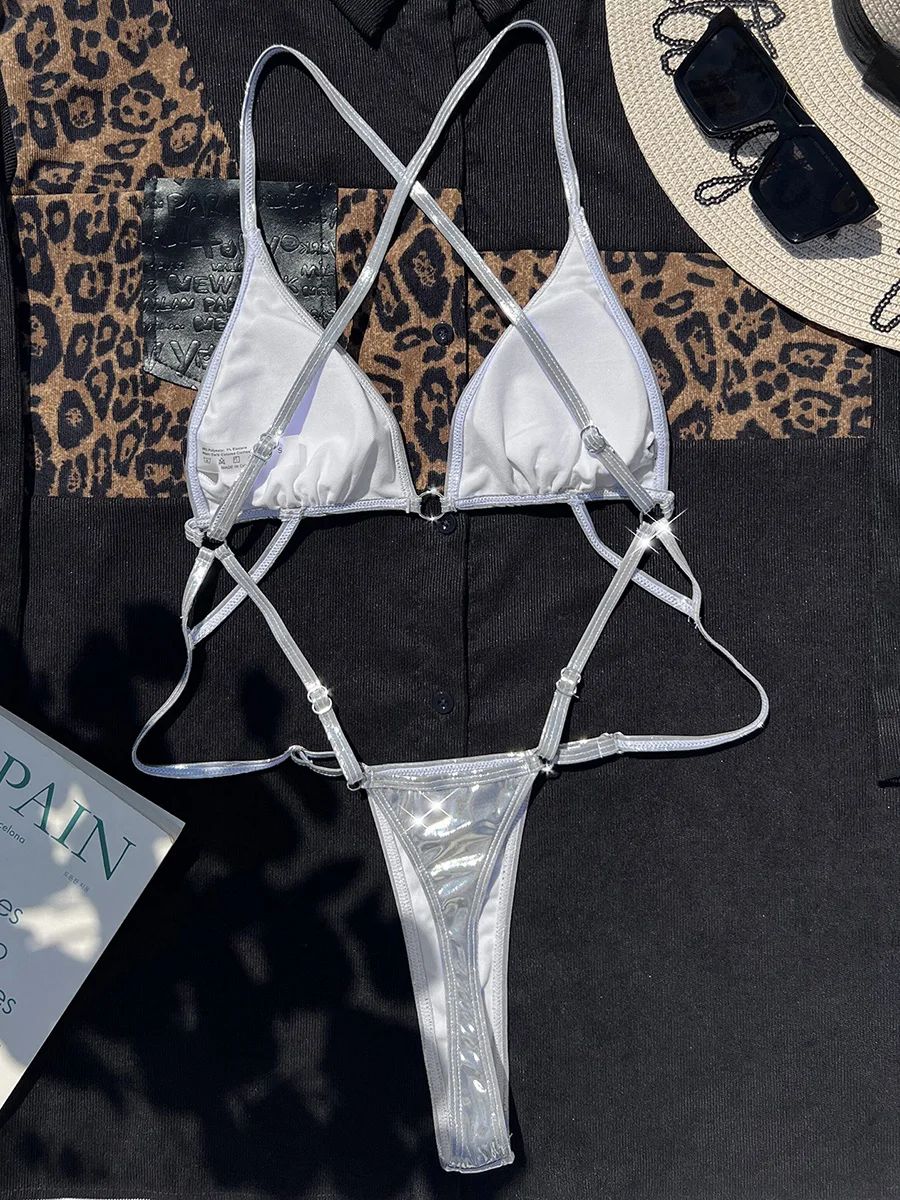 Shiny PU Leather Extreme Mini String Thong Monokini Backless Women Swimwear One Piece Swimsuit Female High Cut Bathing Suit Swim