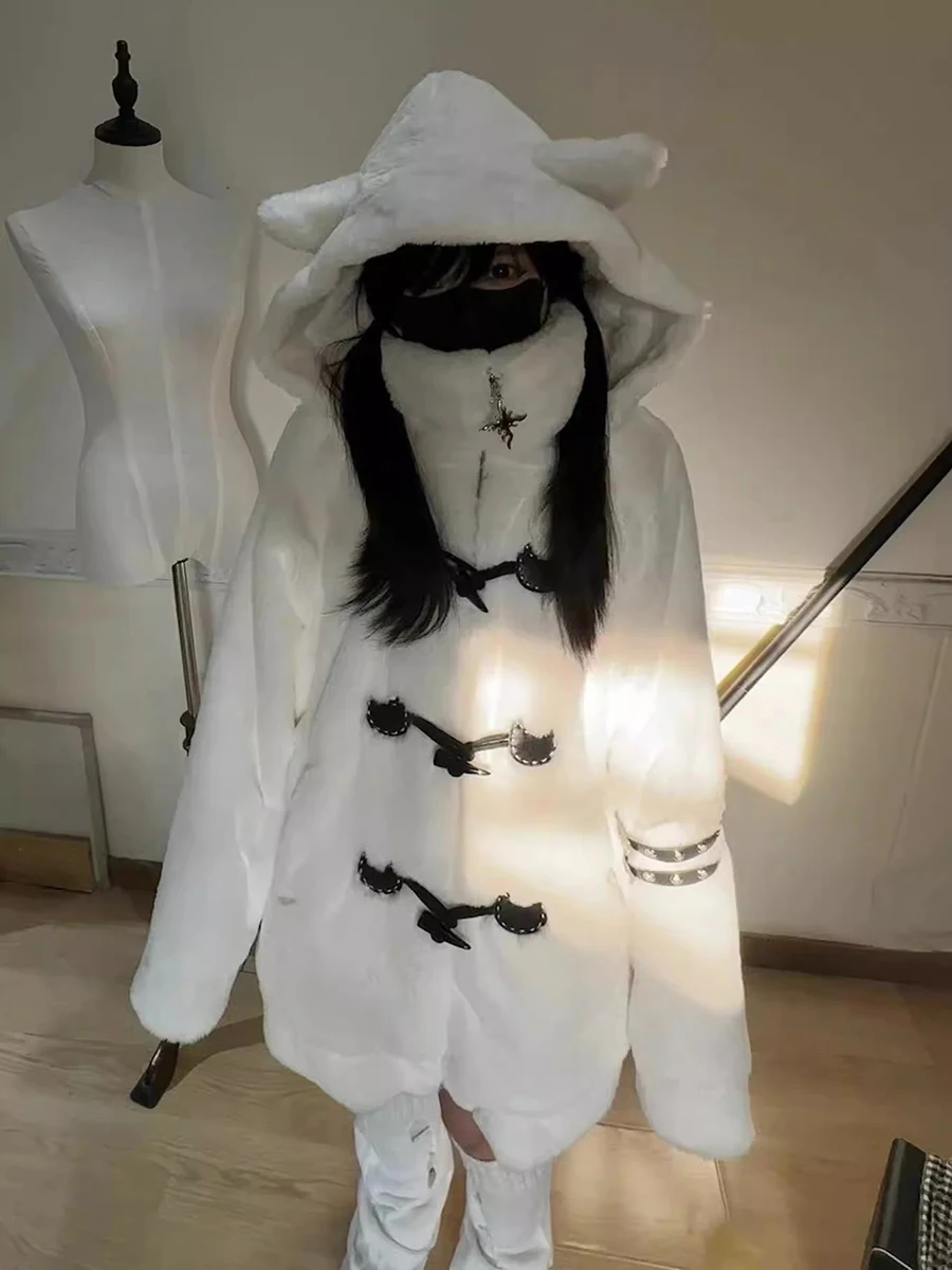 Lautaro Autumn Winter Oversized Soft Thick Warm White Faux Fur Hoodie Women with Bear Ears Horn Buttons Punk Style Fluffy Jacket