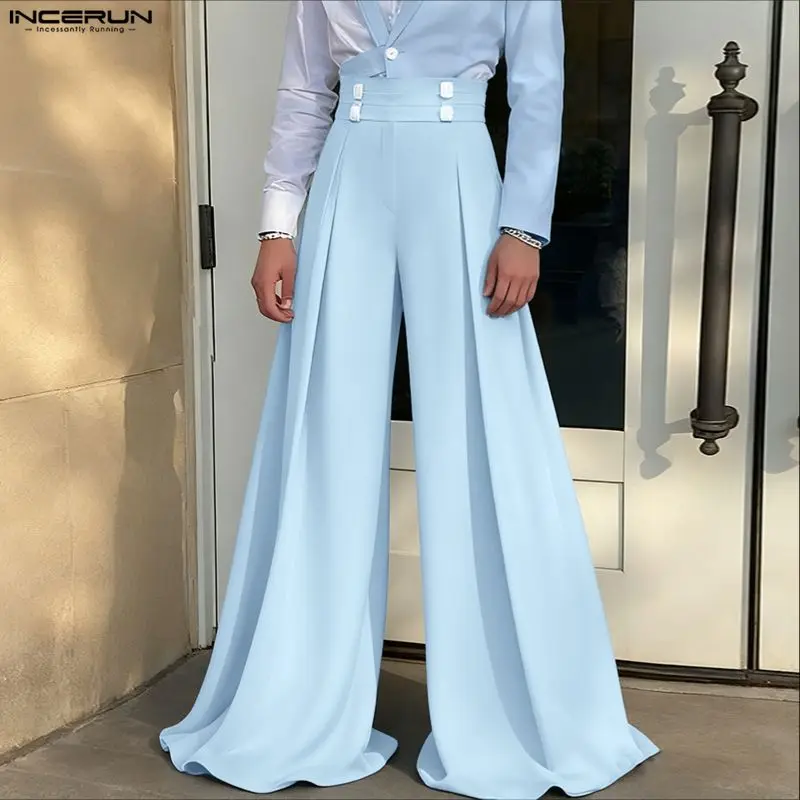 

INCERUN Men Wide Leg Pants Solid Color Button High Waist Trousers Men Streetwear Loose 2026 Fashion Casual Male Long Pants S-5XL