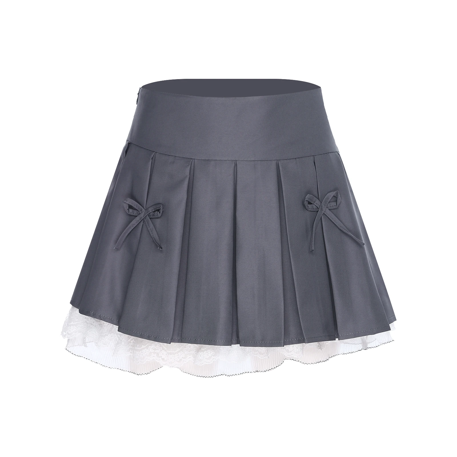 

Womens High Waist Pleated Skirt Bows Decorated Lace Trim Built-in Safety Shorts JK Skirt College Schoolgirl Style A-line Skirt